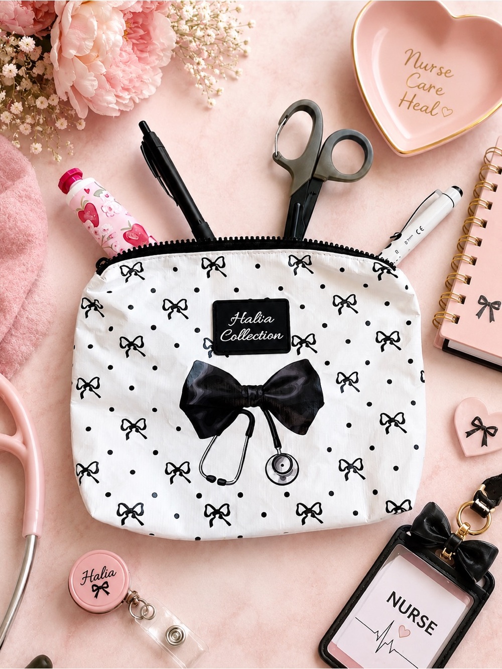 Hali’a Collection- Nurse/ Aloha Inspired- White & Black Bow Print Mini Pouch